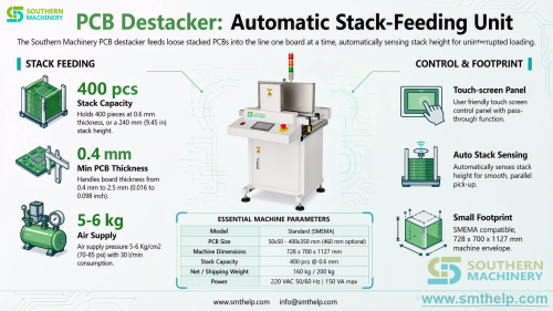 pcb destacker automatic stack feeder loose board loading smt ems southern machinery